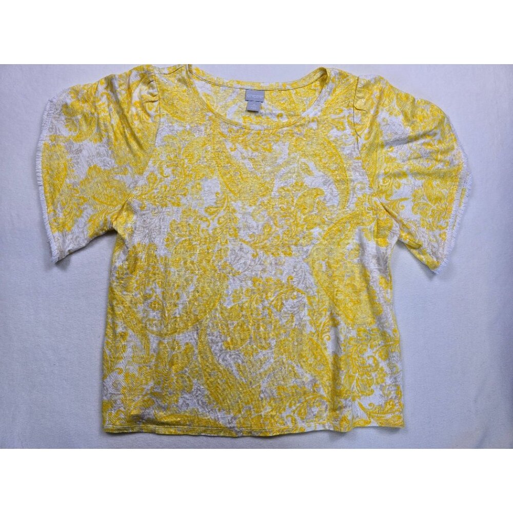 Chicos Womens Yellow & White Paisley 100% Linen Short Sleeve Top Size 2 Large